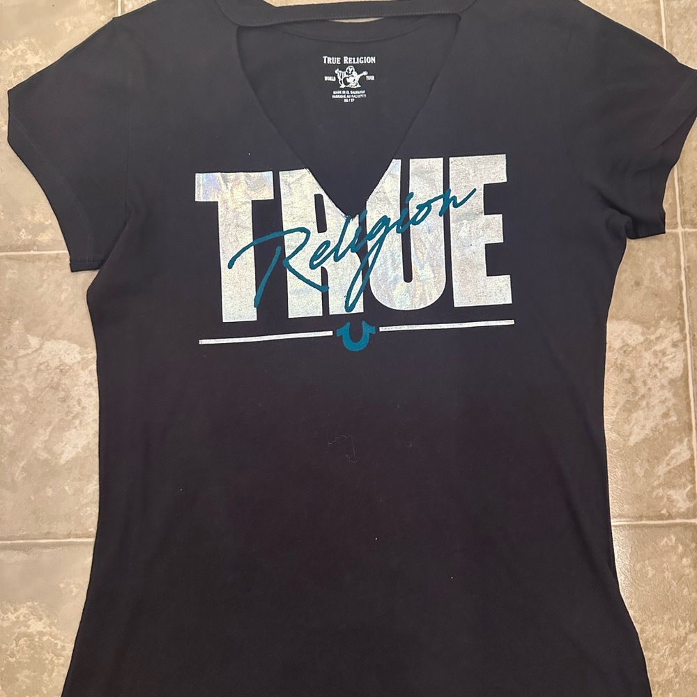 True Religion Black and Blue Graphic V-Neck Tee